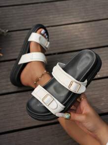 Women Simple Slippers Sandals, Casual Beach Vacation Open Toe Thick Sole Slides, Comfortable Flat Fashion Sandals