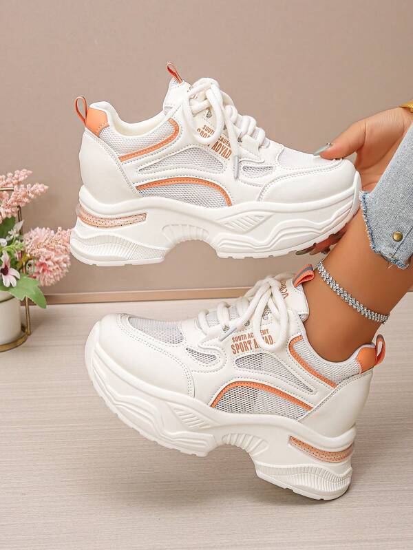8cm Platform Women's Chunky Sneakers, New Thick-Soled Chunky Hidden Heel Breathable Non-Slip Black Casual Shoes, White Athletic Shoes
