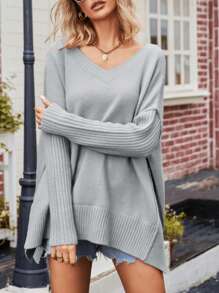Women Solid Color Casual Split Side Loose Sweater