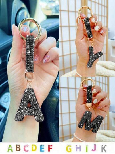 1 件钻石装饰幸运字母钥匙扣汽车钥匙扣带水晶，黑色首字母钥匙扣礼物，适合女士女孩闪亮可爱背包汽车钥匙配件挂绳，闪亮钥匙扣，生日和情人节礼物
