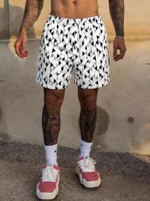 Shorts casuales de verano para hombres con bolsillos con cordón, estampado geométrico y floral menudo