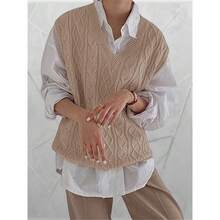 Local Delivery-Viscose & Polyester Blend For Spring, Summer & Fall - Casual Solid Color Lightweight Knitwear, Knit Sweater,Women's Oversized Cable Knit V-Neck Sweater Vest - Sleeveless Loose Pullover Top In Soft Nylon, - Khaki - View 2