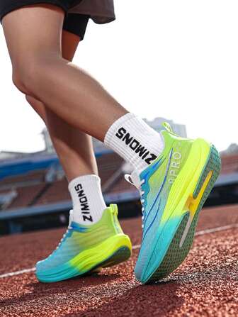 青少年渐变色专业时尚碳纤维运动鞋，透气网眼休闲运动鞋，系带，防滑学生跑步鞋