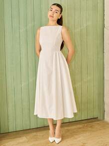 Andrea Bello Women's White Long A-Line Sexy Elegant Waisted Bubble Hem Dress Simple Solid Color Dress Backless Minimalist Sleeveless Midi Dress, Suitable For Work & Vacation And Summer