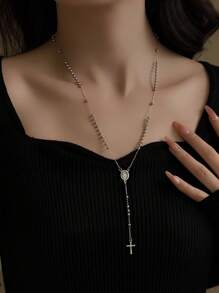 1 Stück elegante minimalistische Edelstahl Kreuz Kette mit 59 Stücke 3mm Stahl Perle Rosenkranz, geeignet für Herren und Damen Alltags Tragen