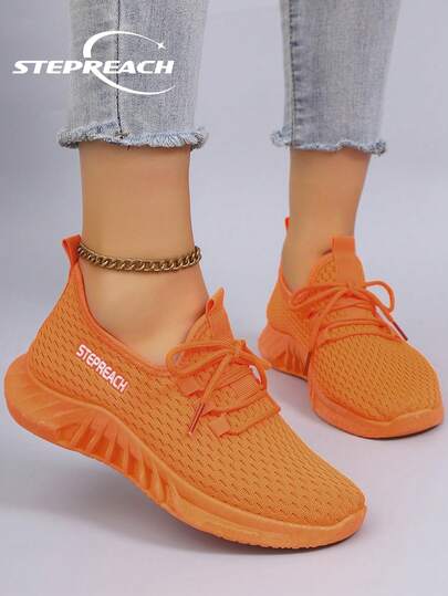 STEPREACH Fall/Winter Women's Casual Sports Shoes Mesh Breathable Lightweight Lace-Up Solid Color Pink Bright Anti-Slip Wear-Resistant,Sneakers For Women