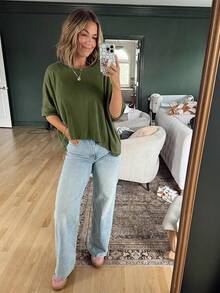 Womens Oversized-Shirts Cropped Summer Casual Short Sleeve Loose Fit Tee Tops - Army Green - View 3