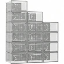 Storage Box, 15 Pack Clear Plastic Stackable Shoe Organizer For Closet, Interlocking Design Shoe Container Bins For Sneakers, Foldable Shoe Rack With Lids, Black - 灰色的 - 查看 1