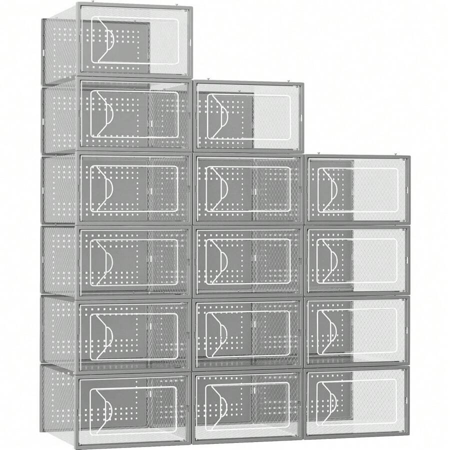 Storage Box, 15 Pack Clear Plastic Stackable Shoe Organizer For Closet, Interlocking Design Shoe Container Bins For Sneakers, Foldable Shoe Rack With Lids, Black - 灰色的 - 查看 1