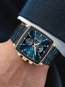 VA VA VOOM 1 PEÇA Relógio Masculino 2025 Novo Quadrado Multifuncional Movimento de Quartzo Relógio de Luxo com Cronômetro Pulseira de Aço Inoxidável Marca VA VA VOOM Original Calendário Luz Noturna Relógio Dourado & Prata & Azul & Preto Simulado Negócio Lazer Esporte Presente Relógio de Pulso