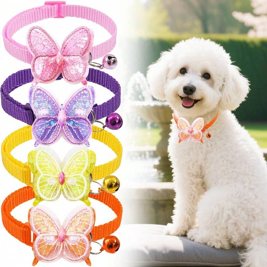 4 件装幼犬领结带铃铛双层蝴蝶结狗领结可调节可爱狗领结宠物美容狗狗配件 - 彩色 - 查看 1