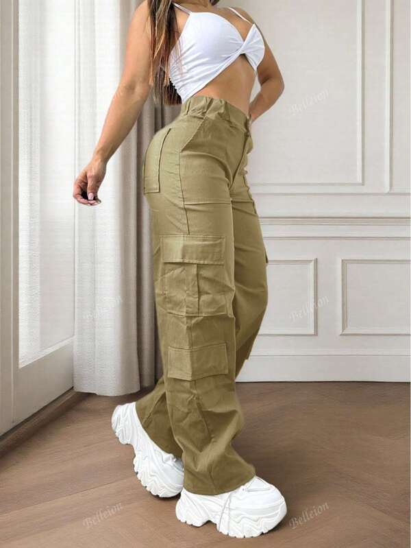 Pantalones largos de unicolor con múltiples bolsillos y botones, estilo casual y sencillo Y2K, apropiados para ir y venir, escuela, clubes, fiestas de cumpleaños, Halloween, conciertos, gimnasio, negocios, uso diario en el aeropuerto, uso en la calle, para maestros, primavera, verano, otoño e invierno