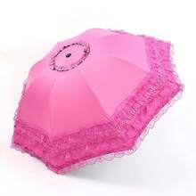 Lace Trim Sun Umbrella With UPF 50+ Protection - Heavy Duty Black Coating Parasol, Compact 3-Fold All-Weather Umbrella For Women, Elegant Victorian Style Sunshade Accessory.