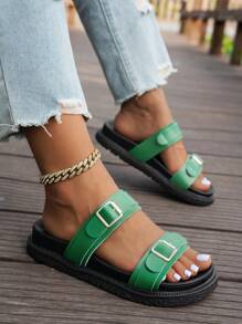 Women Simple Slippers Sandals, Beach Vacation Casual Open Toe Thick Bottom Slip-On Flats, Comfortable Fashion Flat Sandals
