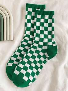 1 Pair Solid Color Checkerboard Pattern Unisex Mid-Calf Socks, Casual Sports Outdoor Wear, Fall - Green - View 2