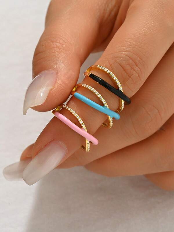 1pc Fashionable Criss-Cross Open Ring, Enamel Finger Ring With Cubic Zirconia Jewelry, Gift For Women