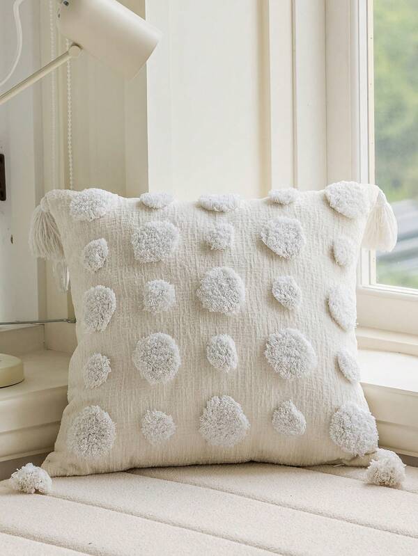 1 pièce Housse de coussin décoratif de style nordique minimaliste en coton chenille, motif géométrique 3D à points ronds avec glands. Convient pour la chambre à coucher, le salon, le canapé