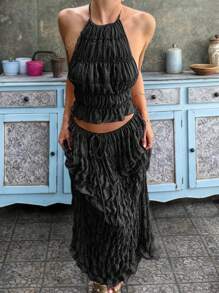 Conjunto de vestido maxi con volantes de gasa de color albaricoque, con encaje y espalda descubierta - Elegante conjunto romántico de 2 piezas