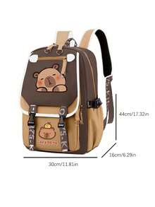 1pc Cute Water Vole Pattern Contrast Color Backpack, Large Capacity Lively Student Backpack. Note: Color, Letter And Lining Are Randomly Shipped. - Brown - View 9
