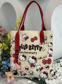 Sanrio 1 Stück Hello Kitty Kosmetiktasche Damen Große Kapazität Einkaufstasche, Reise-Schultertasche, Große Kapazität wiederverwendbare Einkaufstasche faltbar, Damen Segeltuch Tragetasche mit Uhrenarmband - Reißverschluss, Polyester Futter