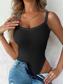 ChicMe U Neck Sleeveless Spaghetti Strap Ribbed Bodysuit Slim Fit Stretchy Basic Tank Top Classic Versatile Layering Shirt For Women