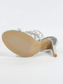 Women's Stiletto High Heel Sandals, Fashion Minimalist Strap With Rhinestone Snake Wrap Round Toe, Basic Style For Summer & Autumn - Silver - View 4