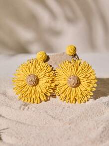 Tropiscape 1 Pair Bohemian Style Handmade Woven Raffia Straw Round Sunflower Pendant Earrings Autumn Christmas Christmas Winter Christmas Gifts