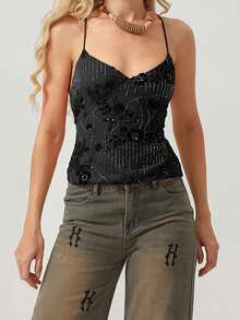Womens Sequin Cami Tank Top Y2k Sparkly Floral Spaghetti Strap V Neck Slim Fit Camisole Crop Tops Sexy Backless Pearl Embellished Vests Shirts Bling Glitter Rhinestone Going Out Tops Party Club Streetwear - 黑色 - 查看 2