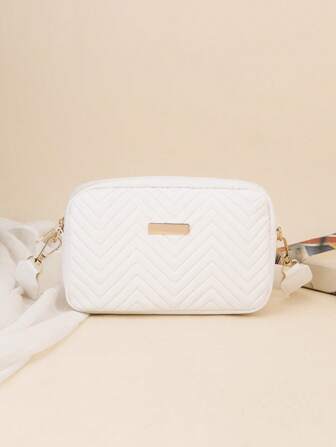 1 pièce Sac à bandoulière carré blanc matelassé en relief en V, sac de mode polyvalent avec décoration métallique dorée, pour femmes