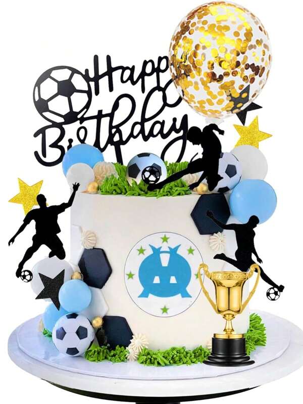 Fußball-Kuchendekorationen – Fußball-Geburtstagsparty, Sportparty-Zubehör, einschließlich 1 Ballon (5 Zoll), 1 Happy Birthday-Kuchenaufsatz, 4 blaue Bälle, 4 weiße Bälle, 4 Fußbälle, 5 goldene Sterne, 5 schwarze Sterne, 1 Trophäe, 6 Fußballspieler-Kuchenaufsätze