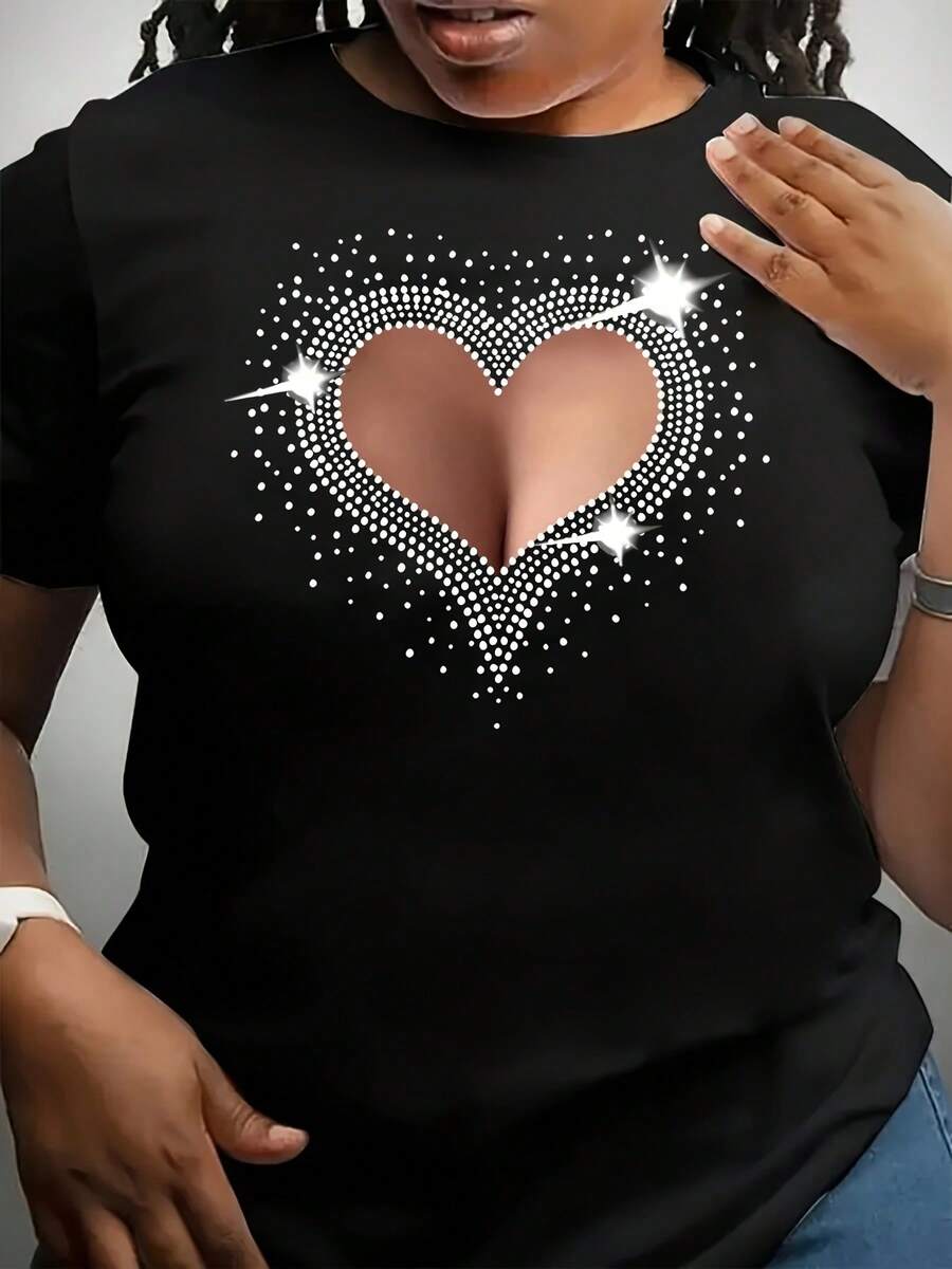Women's Plus Size T-Shirt With Sparkling Heart Print Women's Plus Size Cotton T-Shirt, Soft And Breathable Short Sleeve, Perfect For Daily Wear, Outdoor Activities, Travel, And Casual Style, Comfortable All-Day Fit! - 黑色 - 查看 1
