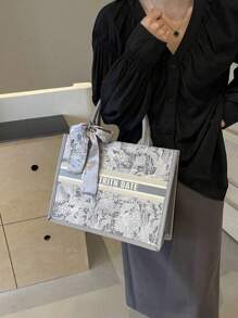 1pc Fashionable Women Handbag, Large Capacity, Square Style, Lightweight, Elegant Scarf Decor, Scratch & Abrasion Resistant Material, Suitable For Shopping, Dating, Gatherings, Commuting, Letter Pattern, Graceful Minimalist Casual Grey & Pink Ladies Tote Bag (11in*7.9in*3.9in)