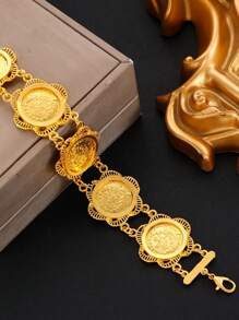 1 pieza Pulsera de mujer de cadena con moneda circular, ambiente festivo y elegante, adecuado para uso diario, fiesta y eventos