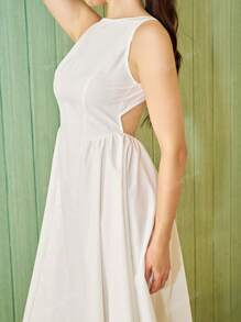 Andrea Bello Women's White Long A-Line Sexy Elegant Waisted Bubble Hem Dress Simple Solid Color Dress Backless Minimalist Sleeveless Midi Dress, Suitable For Work & Vacation And Summer