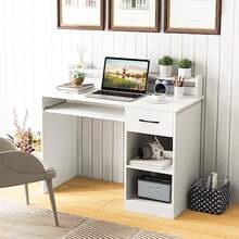 White Computer Desk, Home Office Desk With Large Drawers, Hutch, Keyboard Tray, 5-Position Adjustable Open Shelves, Easy Assembly, Writing Desk For Bedroom, Small Space, Living Room, White - 1 - View 4