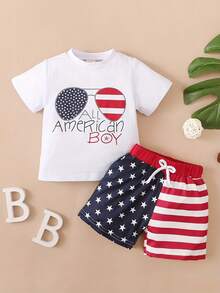 2-Piece Set Of Glasses For Boys' Summer Independence Day, Letter Printed T-Shirt&Striped Star Casual Shorts Set - trắng - Xem 1