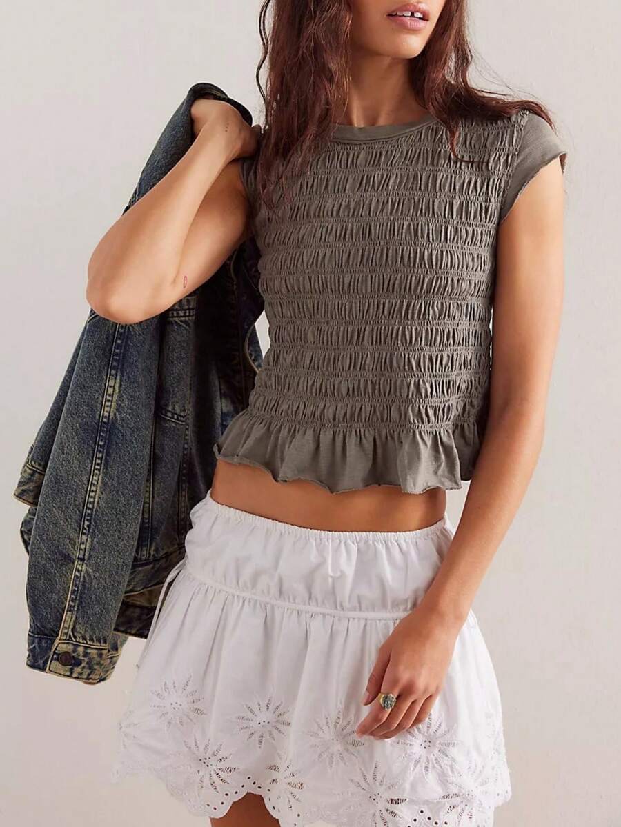 Women Y2K Smocked Shirt Top Summer Cap Sleeve Slim Fit Ruffle Hem Shirred T Shirts Ruched Frill Crop Tank Tops Summer Going Out Tops Tees Streetwear - 灰色 - 查看 1