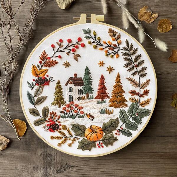 1pc Embroidery Kit, 20x20cm/7.9x7.9in Autumn Town DIY Hand Embroidery Kit, Suitable For Adult Beginners, Includes Instructions, Printed Fabric, Embroidery Hoop And Threads