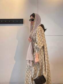 2pcs Set Elegant Geometric Print Robe & Matching Headscarf, Suitable For Everyday Or Casual Occasions, All Seasons - Multicolor - View 3