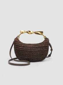 1 pieza Bolso de playa trenzado, nuevo bolso de verano para mujer con asa metálica, mini bolso cruzado con cremallera trenzado, bolso tote casual de paja trenzado, perfecto como accesorio para playa y vacaciones, incluye correa desmontable