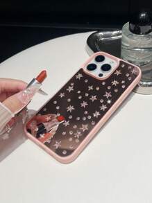1pc Black Rhinestone Star Design Full Coverage TPU Shockproof Phone Case Suitable For IPhone 16, 15, 14, 13, 12, 11 Pro Max