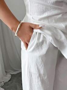 LilyHouse 女士夏季套装，系带无袖打结上衣搭配休闲直筒裤，适合日常通勤/商务/办公场合，情人节穿搭，春季白色 - 白色 - 查看 6