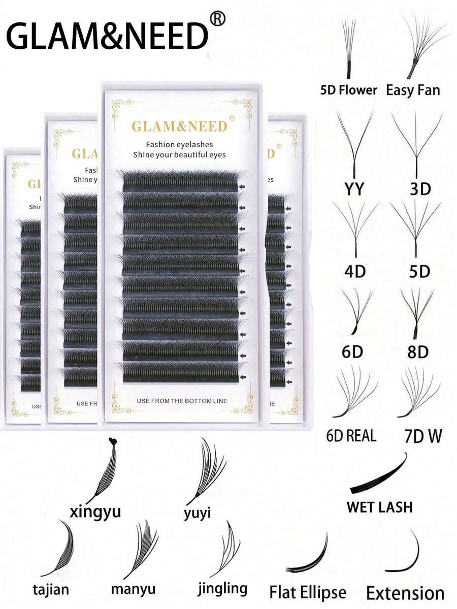 GLAM&NEED 10 Rows C-Curl Automatic Blooming W-Shape 3D/4D/5D/6D/7D/8D/YY/6D Mink Lashes/Wet Lashes/5D Flower/Flat Oval/Easy Fan/Eyelash Extension/Jingling/Manyu/Xingyu/Yuyi/Tajian/8D R/U-YY/3D Brown/4D Brown/5D Brown Pre-Made Fan Lashes, Quick Lash Extension, Natural Soft & Fluffy