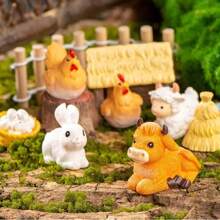 A Cute Resin Micro Landscape Ornament Featuring Animal Figurines Like Puppy, Piglet, And Lamb