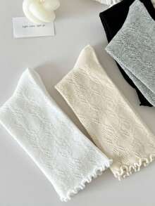 2 Pairs Women Ruffle Trim Fishnet Patterned Mid-Calf Socks, Hollow Diamond Design, For Daily Wear - Multicolor - View 3