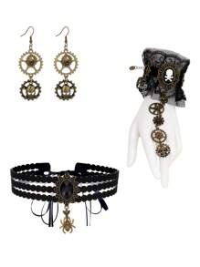 4 Stücke Steampunk Metall Zahnrad Ohrringe + Gothic Spitzen Schädel Armband + Viktorianisches Samt Spinnen Halsband für Party Cosplay, Damen Halloween Kostüm