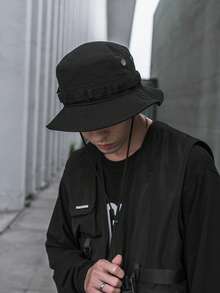 Sombrero de cubo negro de moda urbana techwear para hombre con cuerdas ajustables - Negro - Ver 6