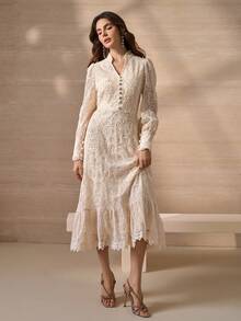 Elegant Stand Collar Button Decor Lantern Sleeve A-Line Dress