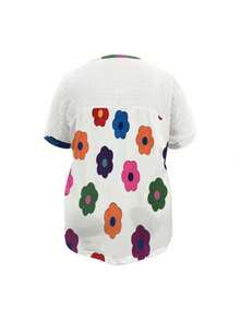 大码女式夏季简约舒适波尔卡圆点和花卉印花短袖T恤 - 白色 - 查看 2