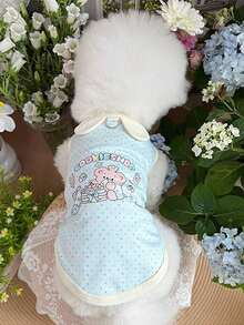 1 件可爱卡通印花宠物背心，时尚马卡龙色猫/狗无袖连衣裙，带可爱耳朵装饰，小翼袖，适合贵宾犬、比熊犬和其他小型宠物品种的家用和户外牵引绳